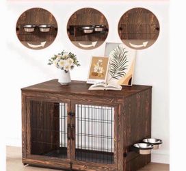 Piskyet Wooden Dog Crate Furniture with 360°Rotatable Removable Dog Bowls, Dog Crate End Table with Tray, Double Doors Dog Kennels for Dogs(L:37.7"