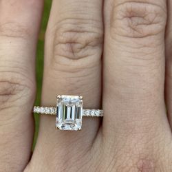2 carat emerald cut Moissanite Diamond Engagement Ring on a pavé band 14k 