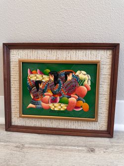 Vintage Guatemalan Oil Painting Maya Women Fruit Signed Armando S Mil Ocho 16x13