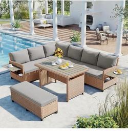 5-Piece Patio Furniture Sofa Set with 2 Extendable Side Tables