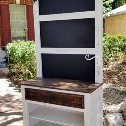 Rustic Hall Tree w/ Chalk Board, Storage Shelves & Drawer (3 pictures posted)