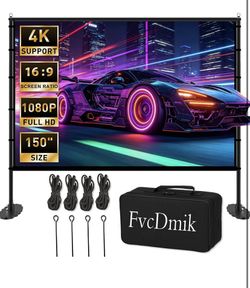 150 inch Projector Screen with Stand, 16:9 4K HD Portable Outdoor Movie Screen, Wrinkle-Free Foldable Indoor Projection Screen with Carry Bag & Ground