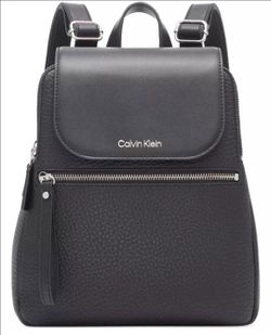 Calvin Klein Elaine Black Pebbled Leather Flap Backpack Purse - Like New!