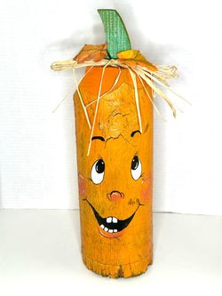 Vintage Handmade & Hand-painted Wooden Halloween Jack-O-Lantern Tabletop Decoration