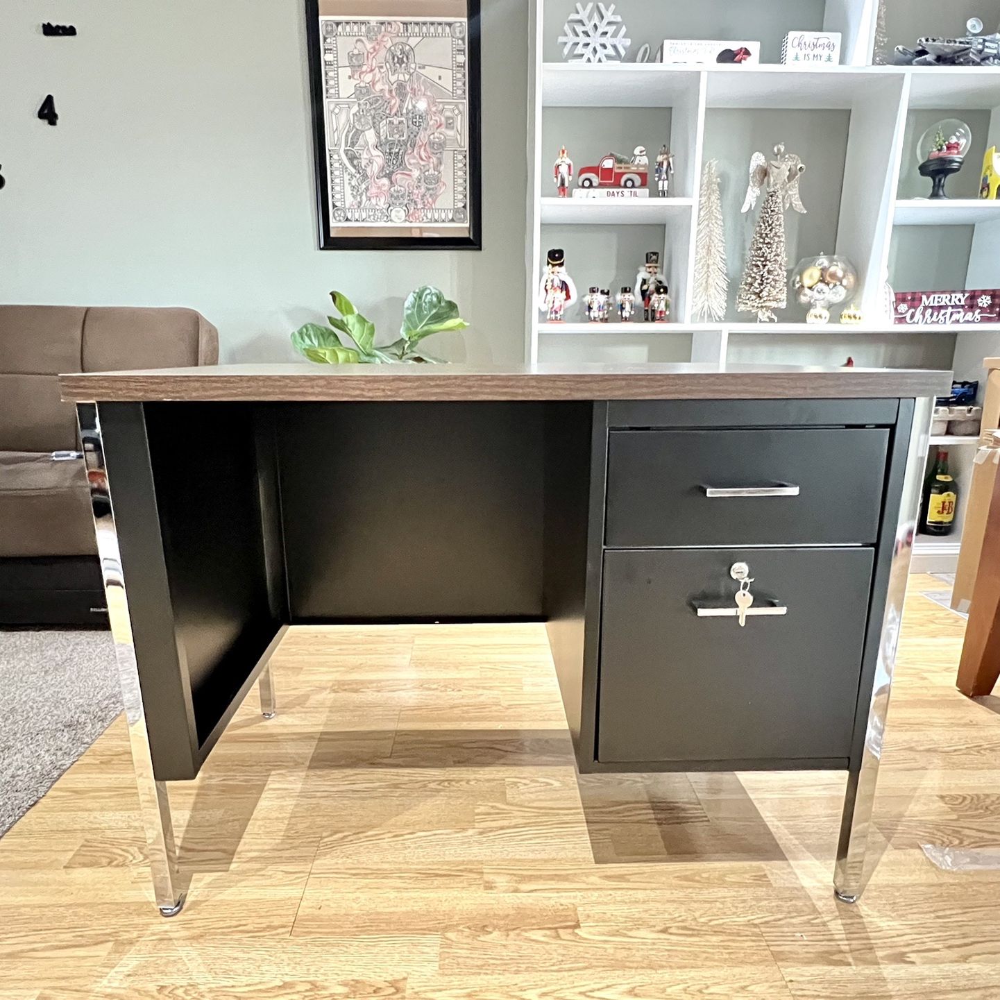 NEW Computer Table/Office Desk - Single Pedestal Steel Desk (Black/Walnut)