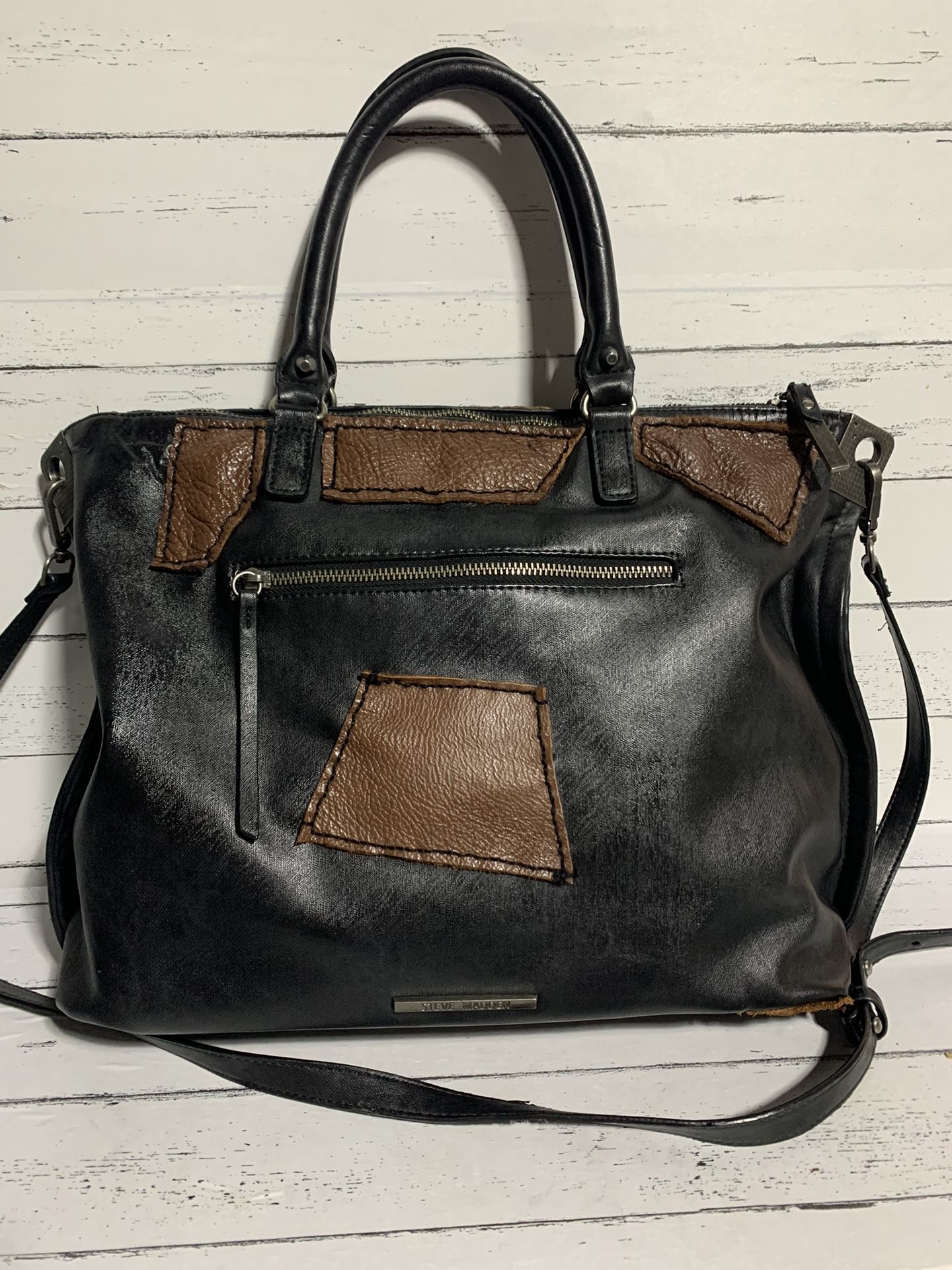 Vantage Steve Madden  Black Leather Handmade Old Fashion Big Crossbody Tote Bag