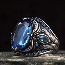 1 pc Vintage Gothic Faux Silver Blue Saphire Zirconia Ring,   Snake Eye Design Gemstones Ring -  exotic emo alternative Punk- Tribal Jewelry Weddings 