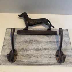 Dachshund metal and wood wall hanging with 2 hooks. Cottage / Farmhouse.
