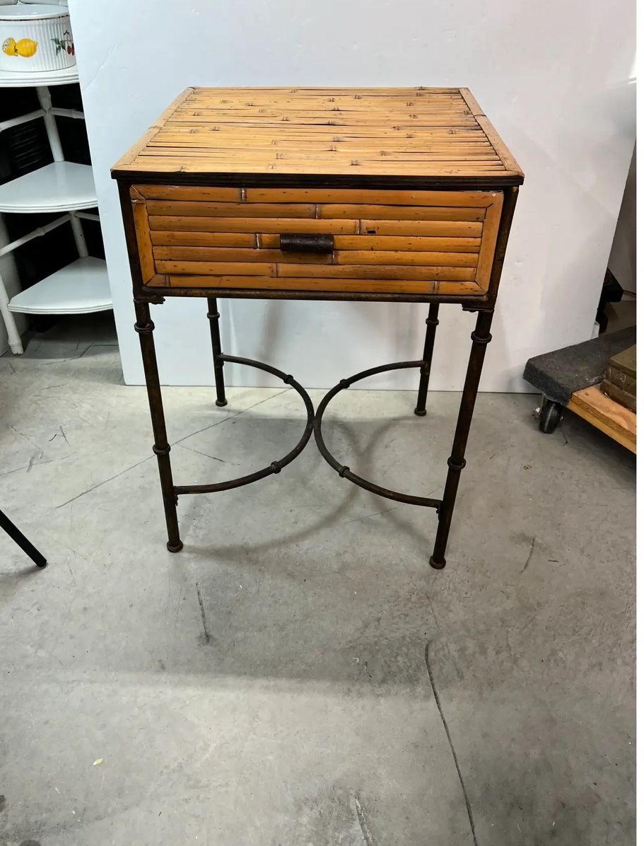 Vintage 80’s split bamboo end table night stand with faux bamboo metal legs. Plant stand?