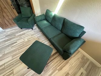 Green Fabric Sofa Set with Chair and Ottoman
