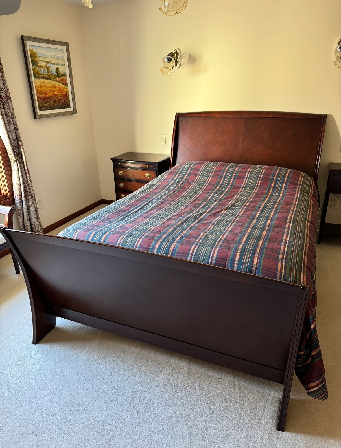 Nice Queen size bed. “Furniture Land South”. Solid wood. Barely used. Like new condition. Spring box included. Great bargain. $249 OBO.