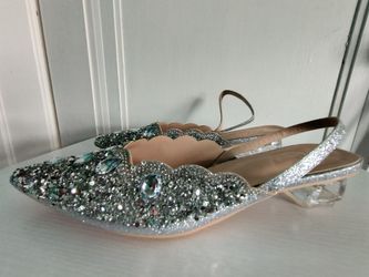 New Women's size 10 Silver Glitter with Crystal Embellished Sling Back Ice Cube Kitten Heel Shoes