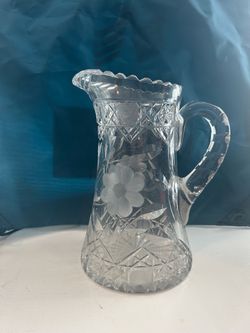 Cut Crystal Glass Pitcher with Floral Etching