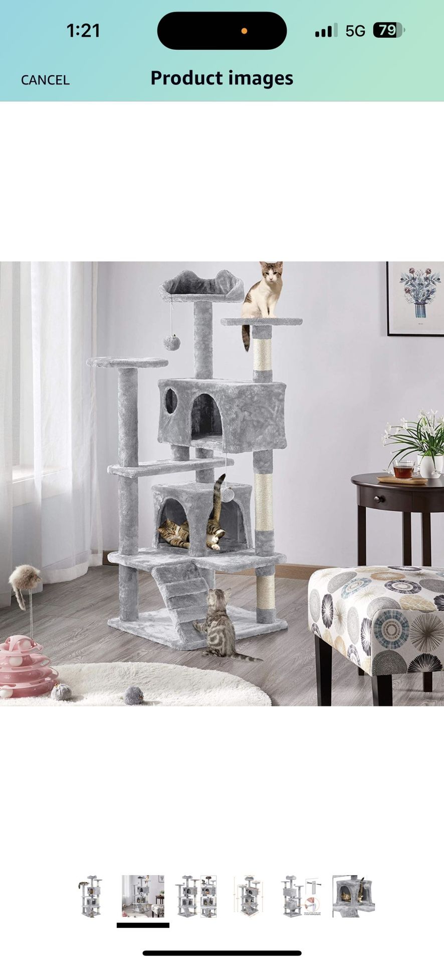 54in Multi-Level Cat Tree with Sisal-Covered Scratching Posts, Plush Perches, Double Condos and Replaceable Dangling Balls Light Gray - for Kittens, C