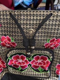 Brand New Mexican Style Embroidered Floral Backpack Purse – Black/Gold/Red