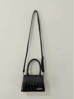 black crocodile-embossed leather top handle crossbody mini bag