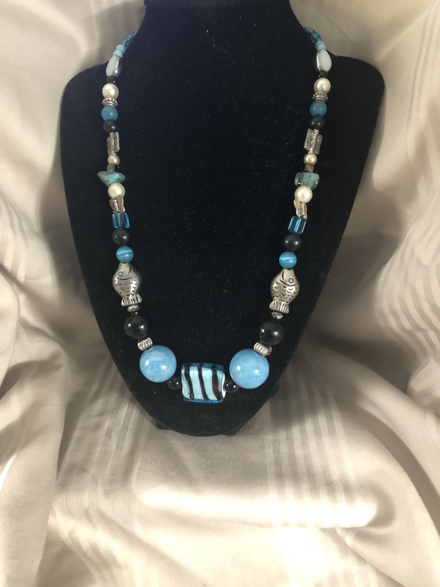 Blue, Black & Silver Tone Charms With Glass Square Pendant