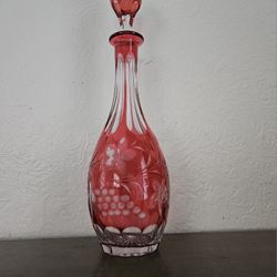 Bohemian Ruby Red Cranberry Crystal Cordial Wine Decanter Genie Bottle With Etched Grapevine Design
