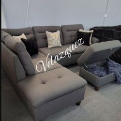 ✅️✅️3 pc black linen like fabric sectional sofa  chaise and storage ottoman✅️✅️