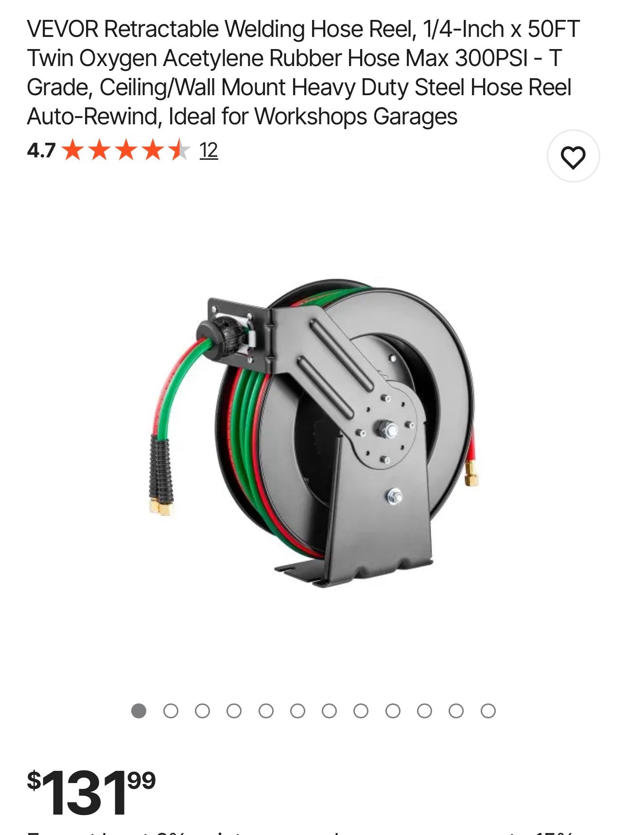 Retractable Welding Hose Reel, 1/4-Inch x 50FT