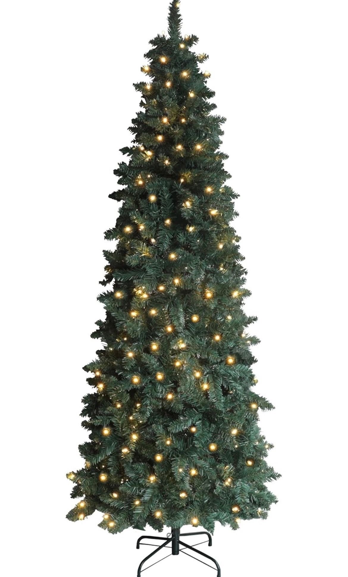 6FT Green Skinny Christmas Tree with Base, Artificial, Warm LED White Fairy Lights New in Box