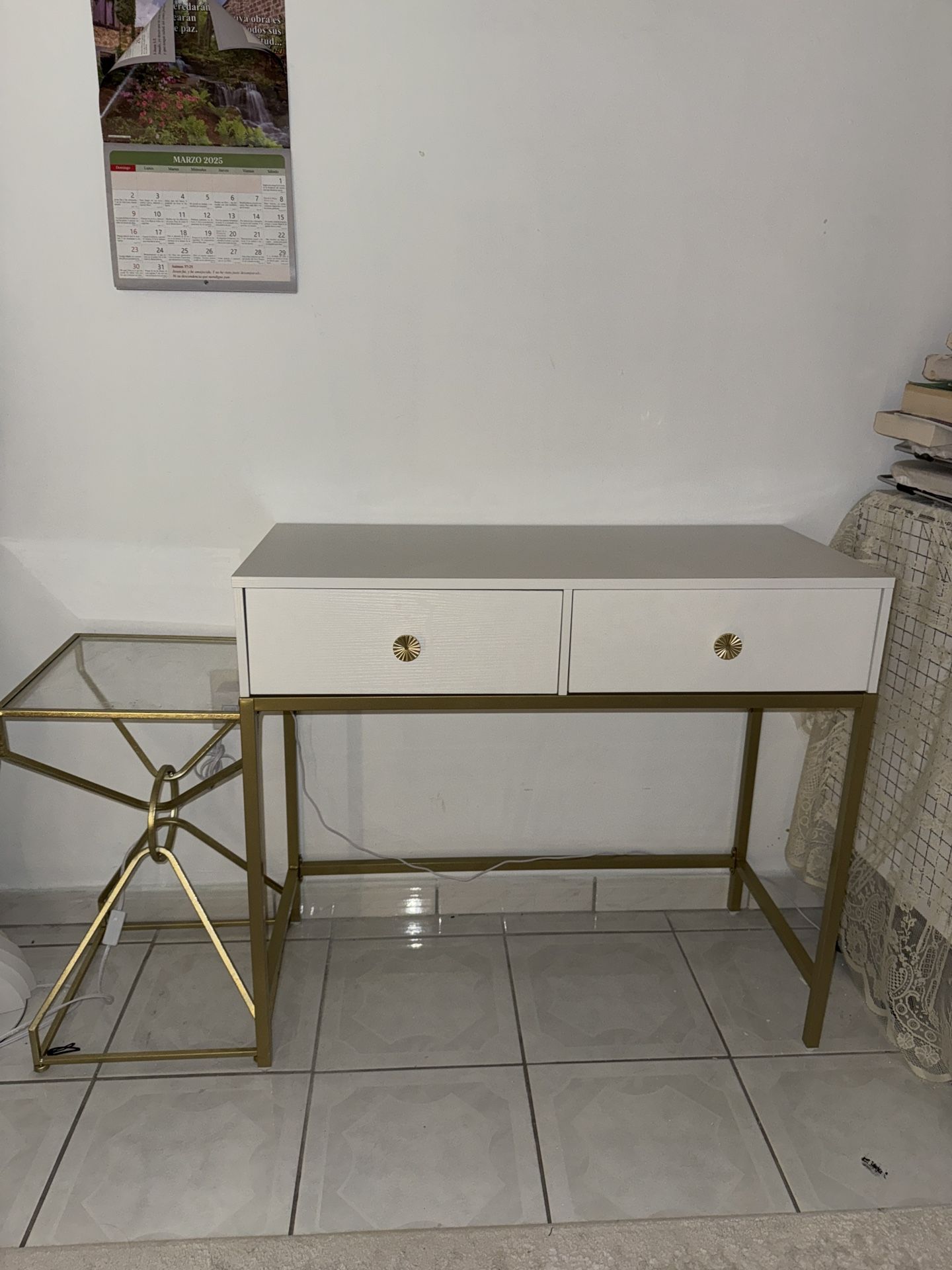 White & Gold Desk with Matching Glass Printer Table + chair