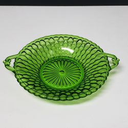Vintage Indiana Glass Emerald Green Dish Honeycomb 2 Handle