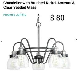 Brand New Large Chandelier  With Brushed  Nickel Accessories Seeded Glass Progress Lighting