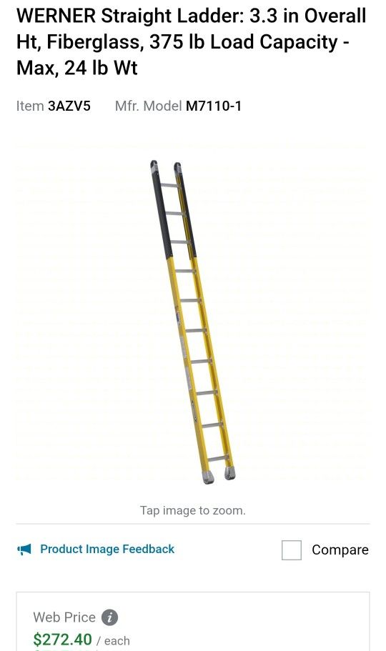 WERNER Straight Ladder: 3.3 in Overall Ht, Fiberglass, 375 lb Load Capacity - Max, 24 lb Wt
