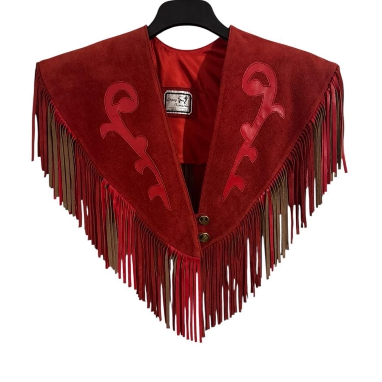 LOPEZ CAMACHO 80’s Red 100% Leather Suede Western Capelet w/Fringe Handmade In Mexico