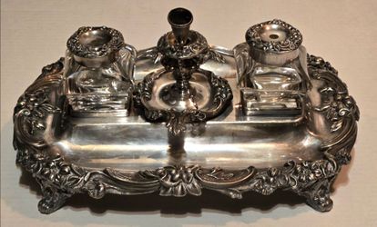 Antique Silver Inkstand with Double Inkwells