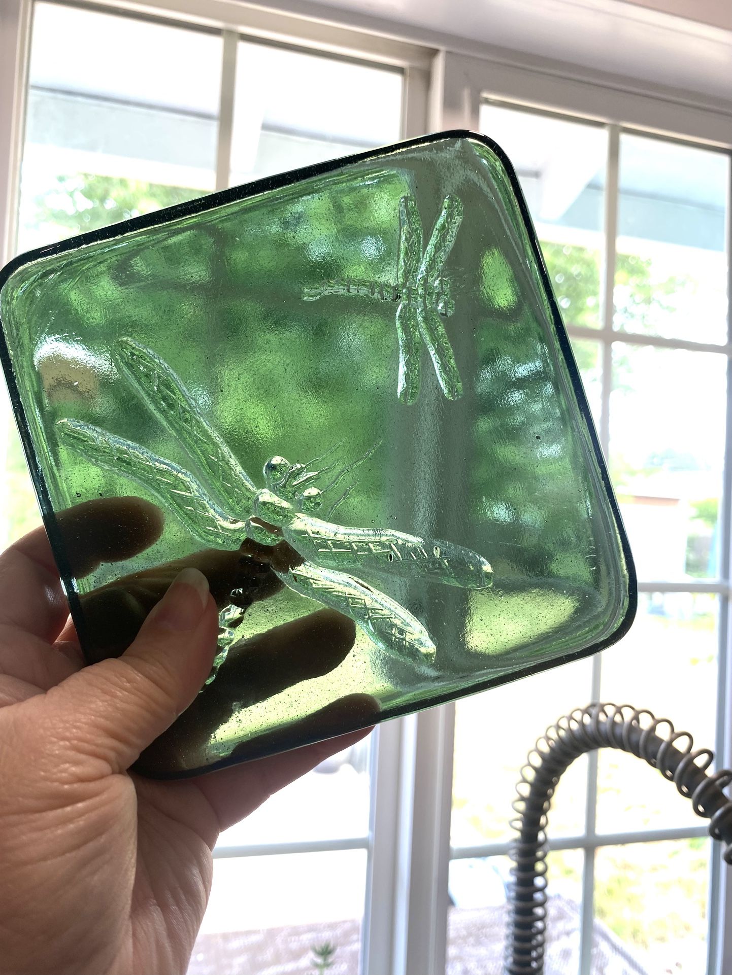 Thick Green Raised Dragonfly Glass Tile / Paperweight / Sun Catcher / Candle Holder approx 5.25" square