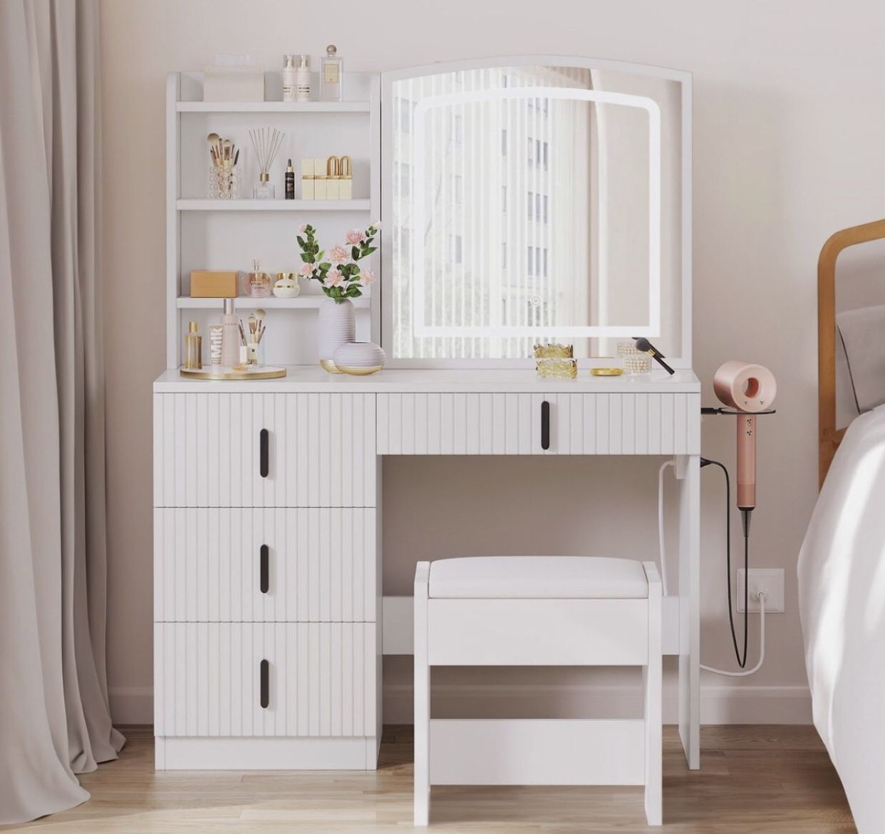 Lighted Sliding mirror Vanity Table Set Makeup Dressing Desk 4 Drawer w/Stool