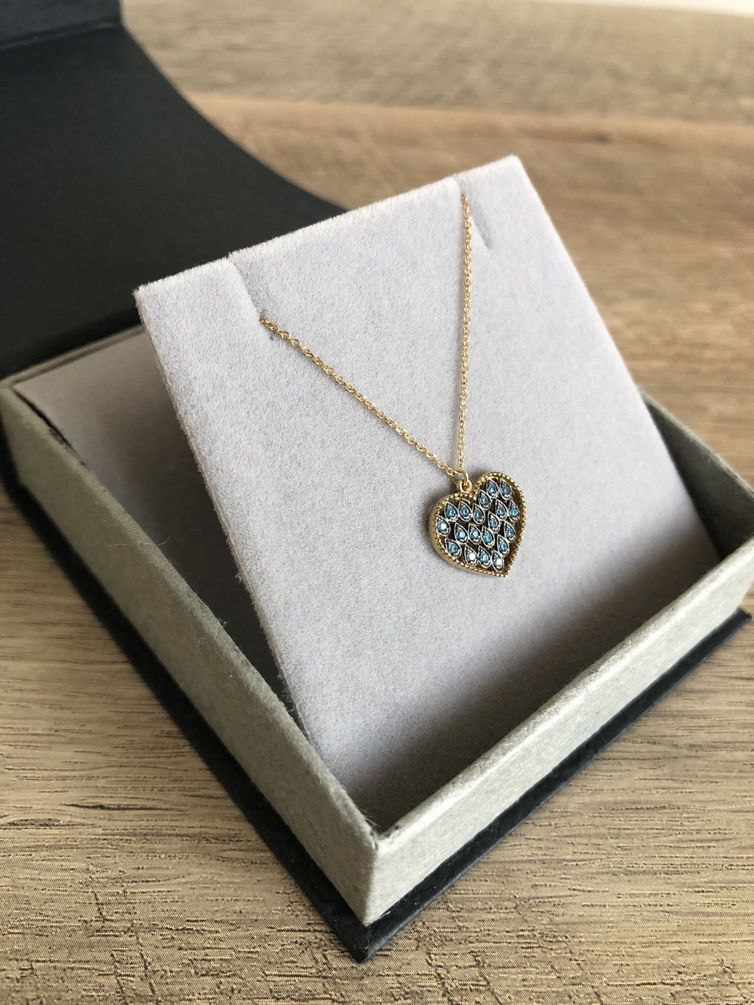 Heart Necklace Blue Gem with Gold Chain
