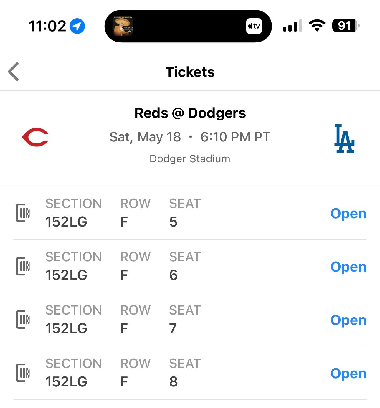 4 Tickets: Reds @ Dodgers 5/18