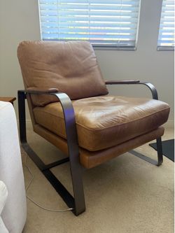 Cognac Leather Lounge Chair — Flat Bar Steel Frame