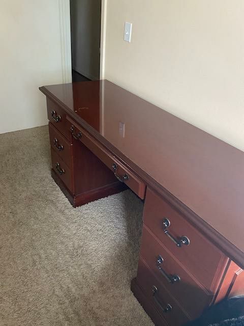 Cherry Wood, Sturdy Desk W/ Black Leather Office Chair