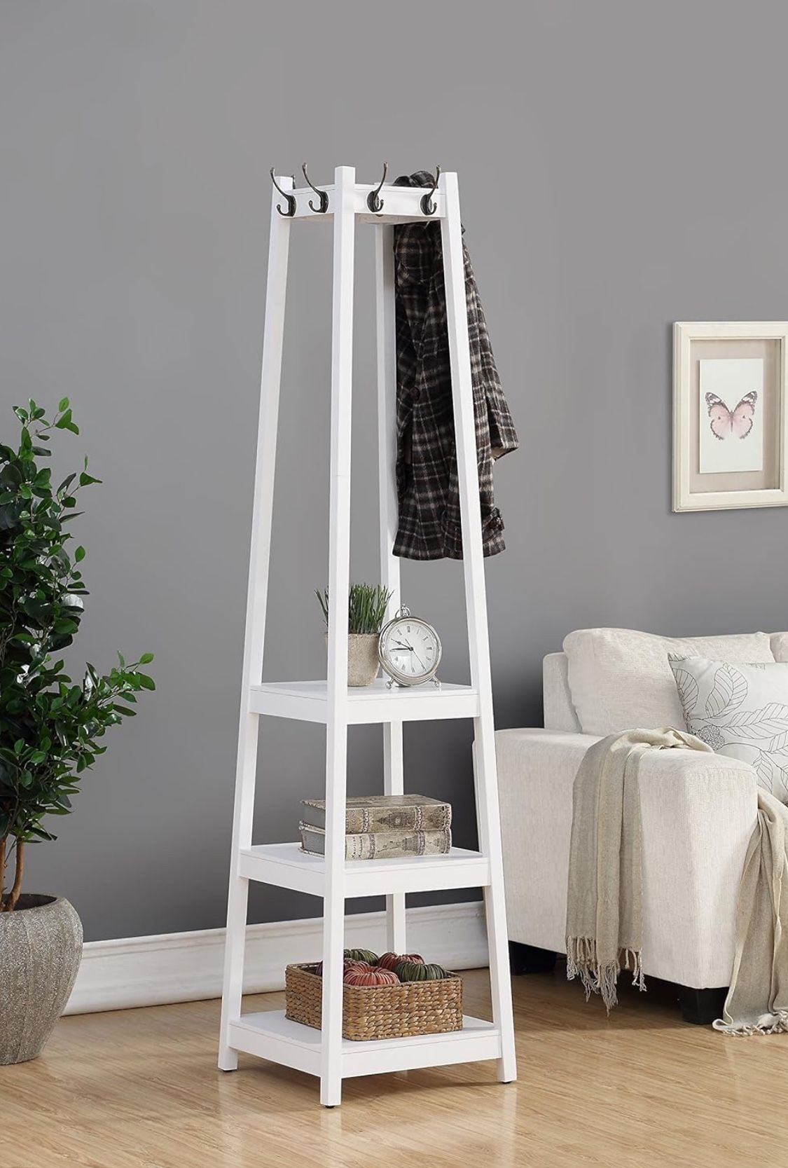 Roundhill Furniture Vassen Coat Rack with 3-Tier Storage Shelves, White Finish