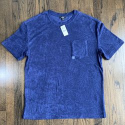 Express Men’s S Small Navy Terry Cloth Shirt Floral Textured Cotton Modal Pocket Tee