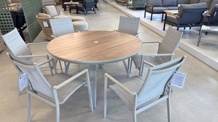 BRAND NEW 7PC Round Patio Dining Set – Aluminum Table & Chairs (Beige) | Modern Outdoor Furniture | Heavy Duty Commercial Grade | Closeout Deal | Deli