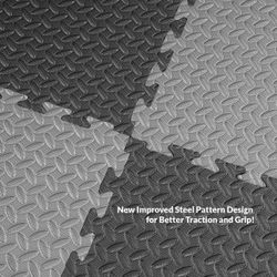 Foam  mats are brand new, each box covers 48 ft.², 1 inch thick, heavy duty, have three different colors available, black/purple, black/gray ,blue/red
