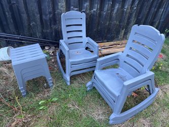 Gray Plastic Outdoor Rocking Chair Set with tables