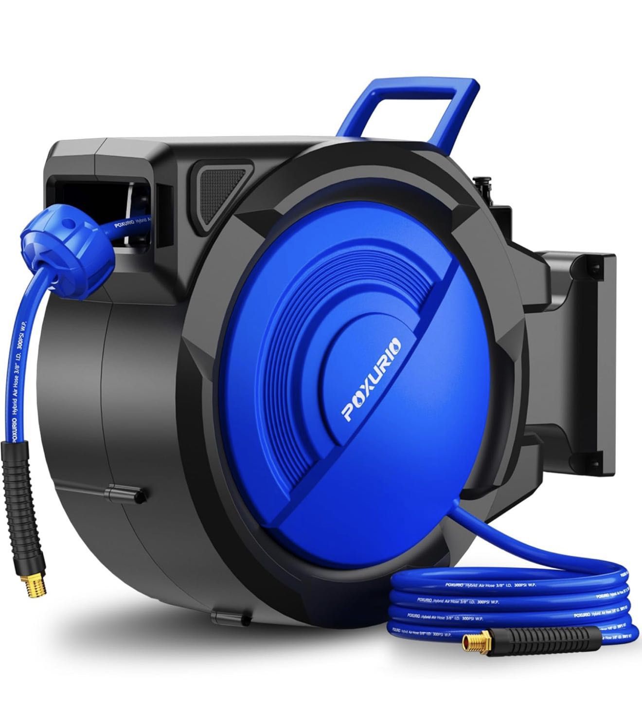 100FT+6.5FT Retractable Air Hose Reel, 3/8" Hybrid Air Hose, Air Compressor Hose Reel with Max 300 PSI Patented Design, Retractable Auto-Rewind Enclos