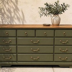 Rich Olive Green Wide Dresser – 13 Drawer Storage