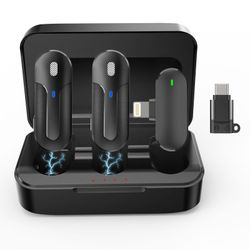 MAXTOP Wireless Lavalier Microphone, 2 Pack Mini Clip On Microphones For IPhone, IPad And Android - 2.4G Dual Channel Lav Lapel Mics With Charging Cas