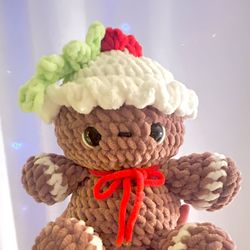Gingerbread Crochet Plush, Mistletoe Hat, Handmade – $48