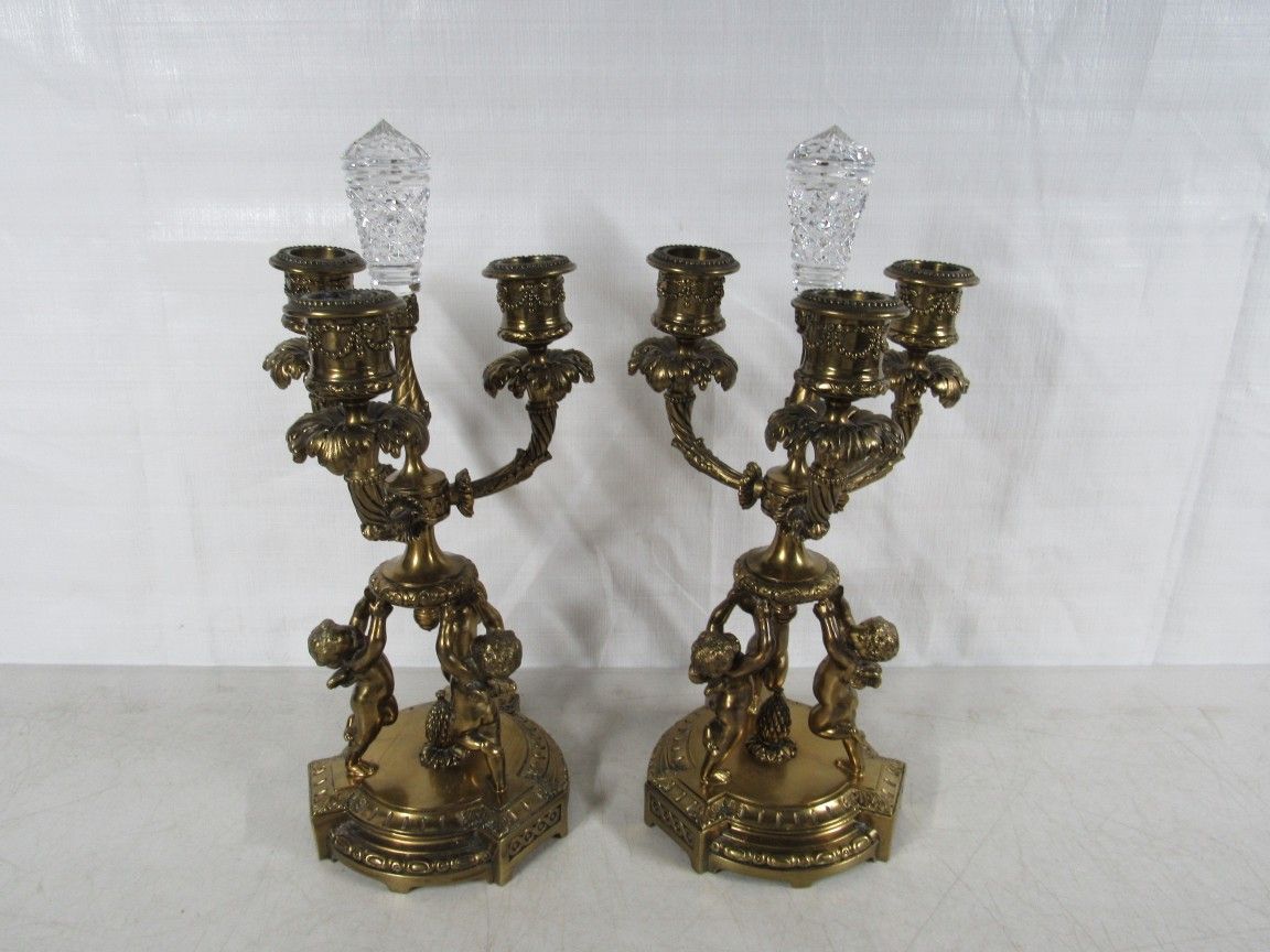 Pair Of Victorian Style Cherub Angels Ornate Brass Candelabra Statues