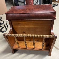 Vintage MCM Wood Vinyl Lift Top Bench Magazine Rack Holder