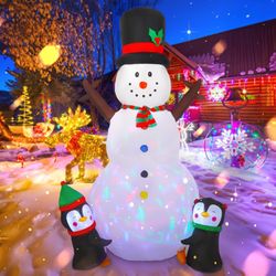 8FT Christmas Decorations Inflatable Snowman Blow Up Yard Decoration Penguins & Built-in Colorful Rotating LED Lights, Decor Holiday Xmas Party Garden