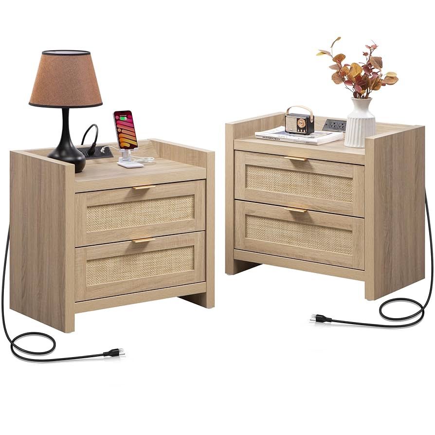 Rattan Nightstands Set of 2 Bedside Table - Bedroom Night Stand with Type-C Charging Station, 2 Drawers Storage - Boho Night Stands End Table for Bedr